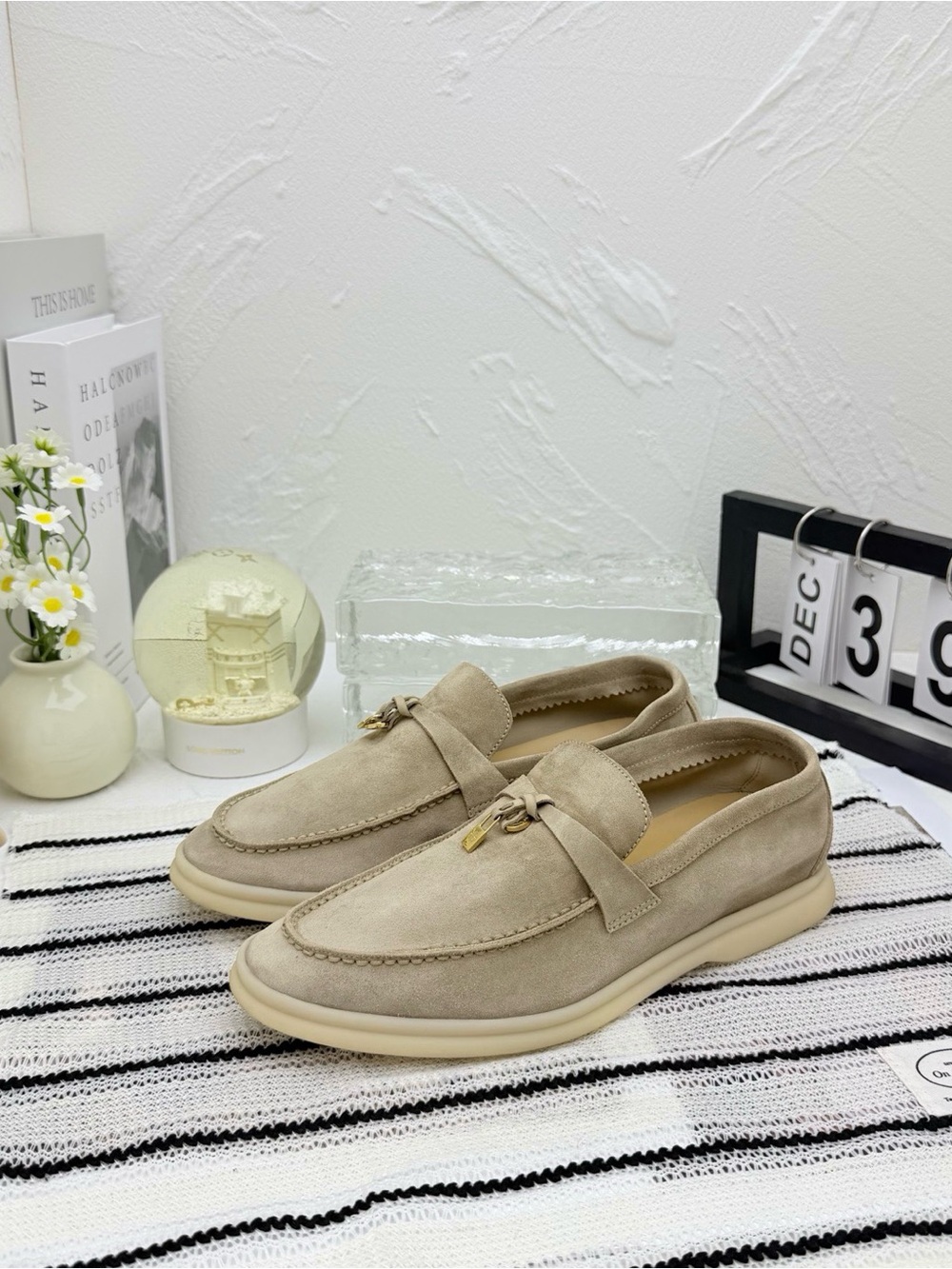 Loro Piana Taupe Suede Penny Loafers with Gold Accent